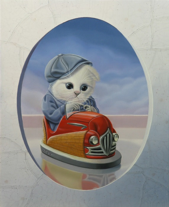 Le Chat A L Auto Tamponneuse 27x22cm 3f Sold Vecu Artiste Peintre Valery Quitard