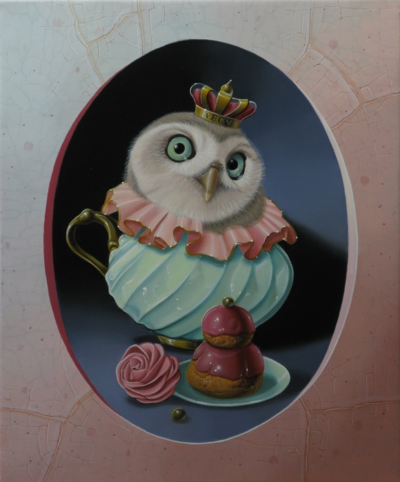 « La chouette à la tasse céladon » 27x22cm 3F (sold) under license « international artlicensing, inc »