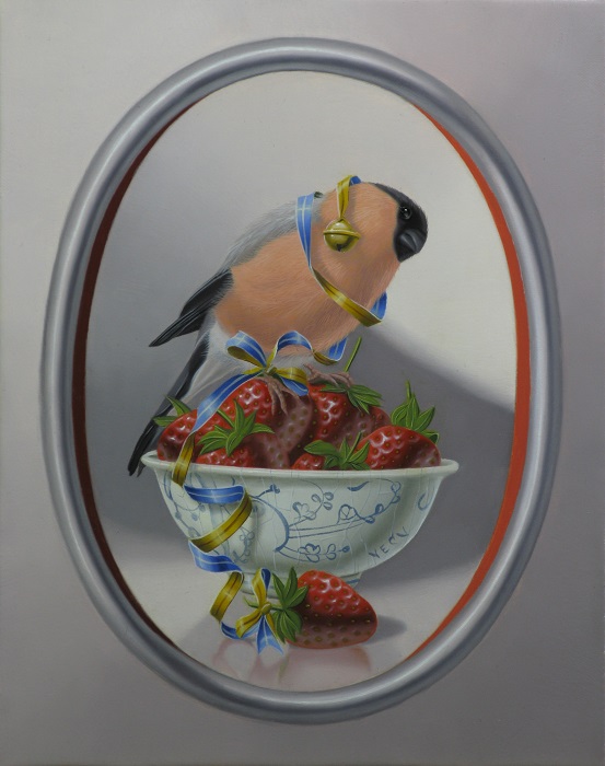 « Le bouvreuil aux fraises » 24x19cm 2f (galerie ArtBoutique – Les Pays-Bas)