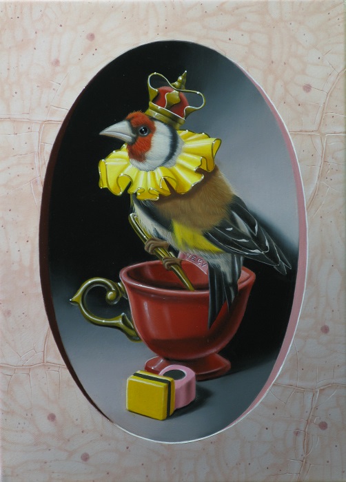 « Le chardonneret à la tasse bordeaux » 22×16 cm 1F (sold)