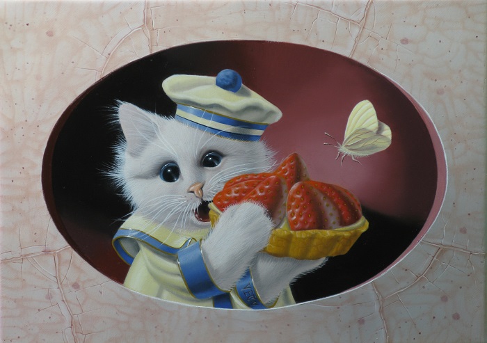 «Chaton à la tartelette aux fraises N°2 » 22×16 cm 1F sold