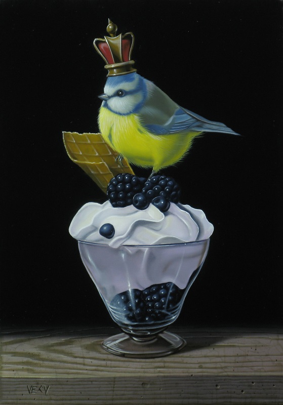 « Mésange bleue à la coupe chantilly, mûres et cassis » 27X19cm 3P (sold)