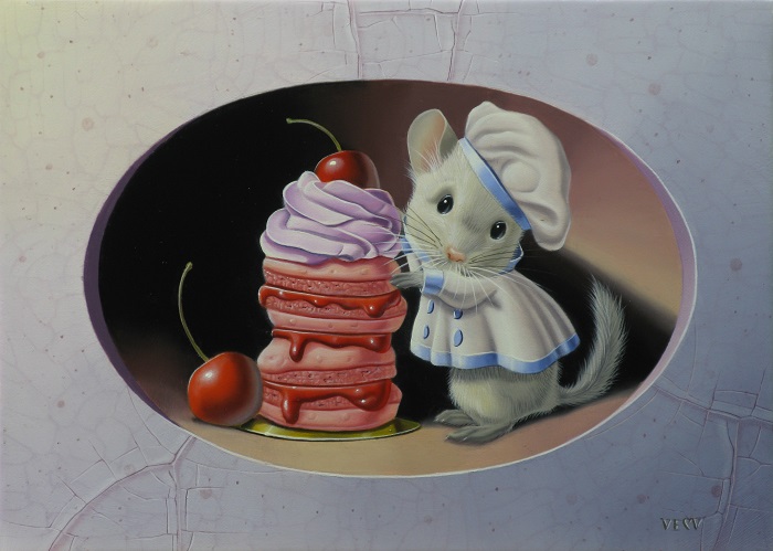 « Le chinchilla aux macarons aux cerises » 22×16 cm 1F (sold)