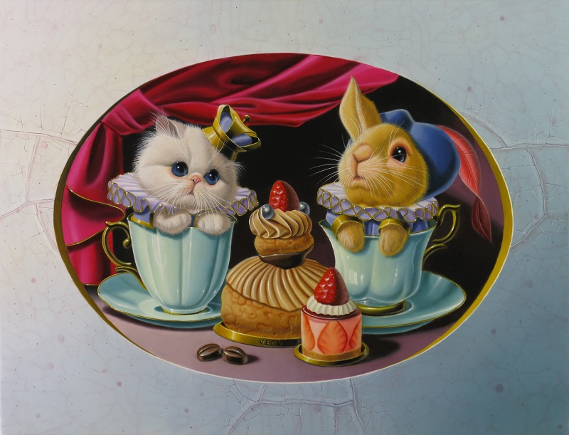 « Lapereau et chaton à la religieuse et fraisier » 35x27cm 5f (sold)