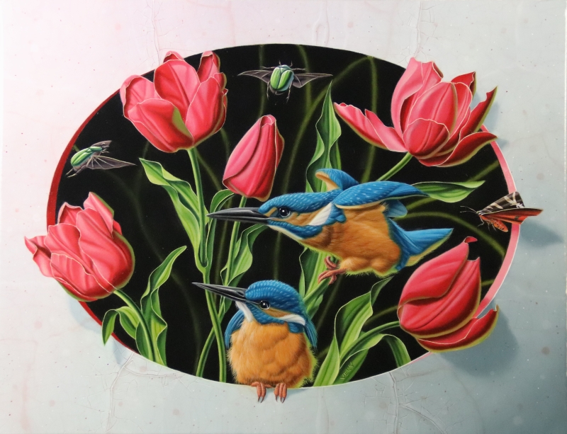 « Martins-pêcheurs aux tulipes » 35x27cm 5f